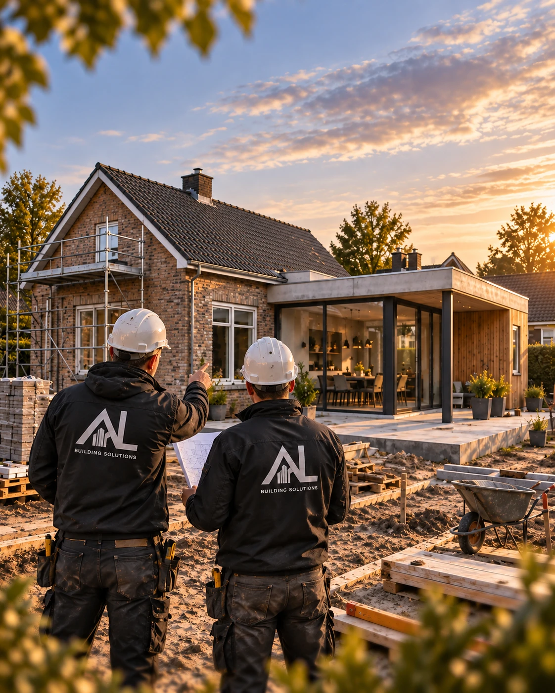 AL Building Solutions team reviewing plans on a home extension site
